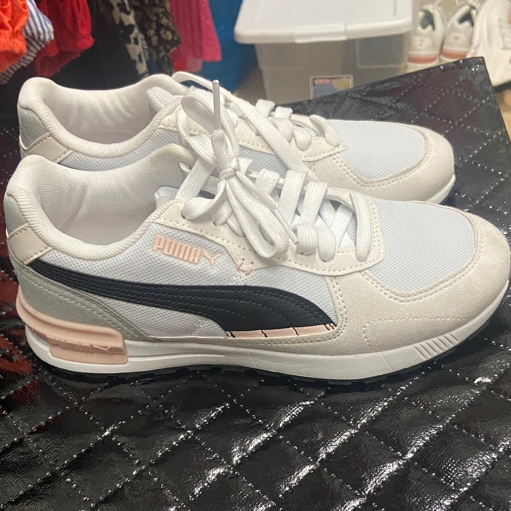 Puma Women's White and Black Sneakers with Pink Accents
